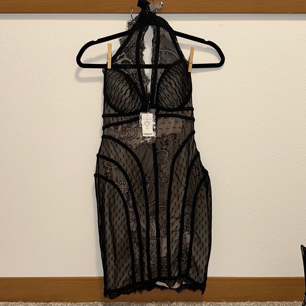 BEBE NUDE ILLUSION HALTER DRESS NWT